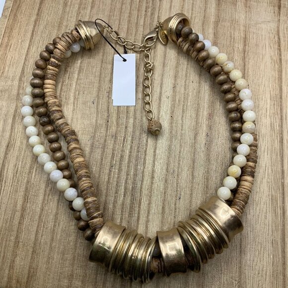 Chico's NWT Beaded Neutral Gold Tone Ring Bib Necklace - Picture 2 of 8